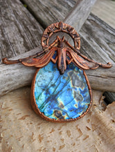 Load image into Gallery viewer, Gigantic Labradorite with Art Nouveau Moth / Scarab - Copper Electroformed Statement Necklace