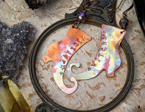 ‘Village Witch’ Witch Boot Copper Earrings