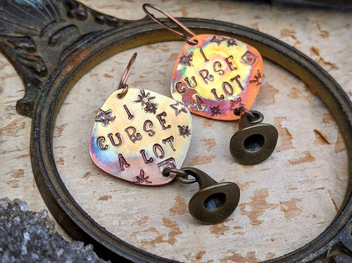 ‘I Curse A Lot’ Copper Stamped Earrings with Witch Hats