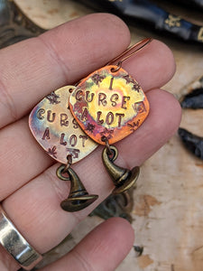 ‘I Curse A Lot’ Copper Stamped Earrings with Witch Hats