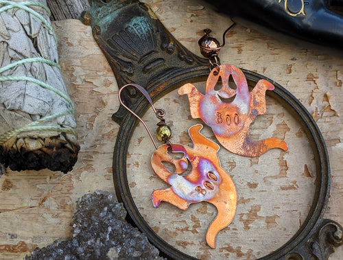 Happy 'Boo' Ghost Copper Earrings #1