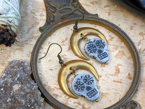 Sugar Skull & Moon Earrings - White