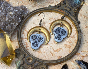 Sugar Skull & Moon Earrings - White