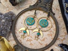Load image into Gallery viewer, Jack O’ Lantern Moon &amp; Star Earrings - Turquoise