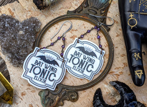 ‘Bat Wing Tonic Elixir’ Spell Label Earrings