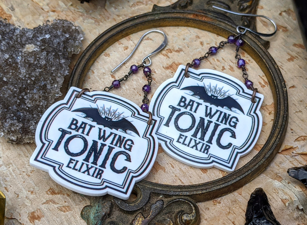 ‘Bat Wing Tonic Elixir’ Spell Label Earrings