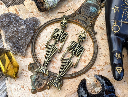 Brass Skeleton Mermaid Earrings