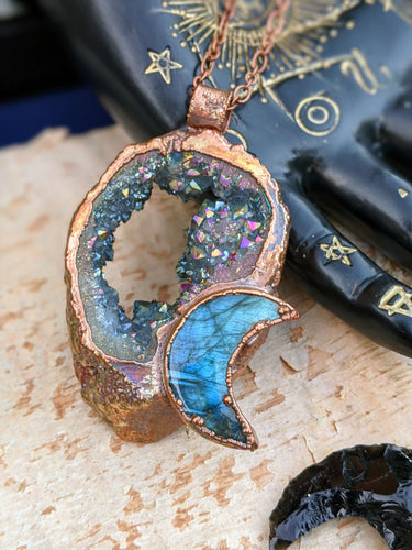 Titanium Druzy and Labradorite Moon Electroformed Necklace