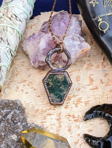 Moss Agate Coffin Electroformed Necklace 1