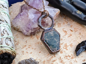 Moss Agate Coffin Electroformed Necklace 1