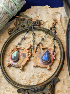 Labradorite Witch's Cauldrons Copper Electroformed Earrings