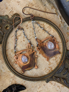 Moonstone Teardrop Witch's Cauldrons Copper Electroformed Earrings