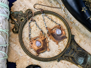 Moonstone Teardrop Witch's Cauldrons Copper Electroformed Earrings