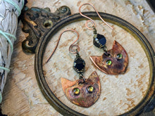 Load image into Gallery viewer, Peridot Cat Eye Witch&#39;s Familiar Copper Electroformed Earrings