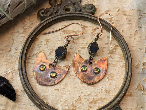 Peridot Cat Eye Witch's Familiar Copper Electroformed Earrings