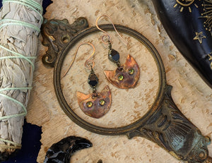 Peridot Cat Eye Witch's Familiar Copper Electroformed Earrings