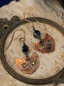 Peridot Cat Eye Witch's Familiar Copper Electroformed Earrings