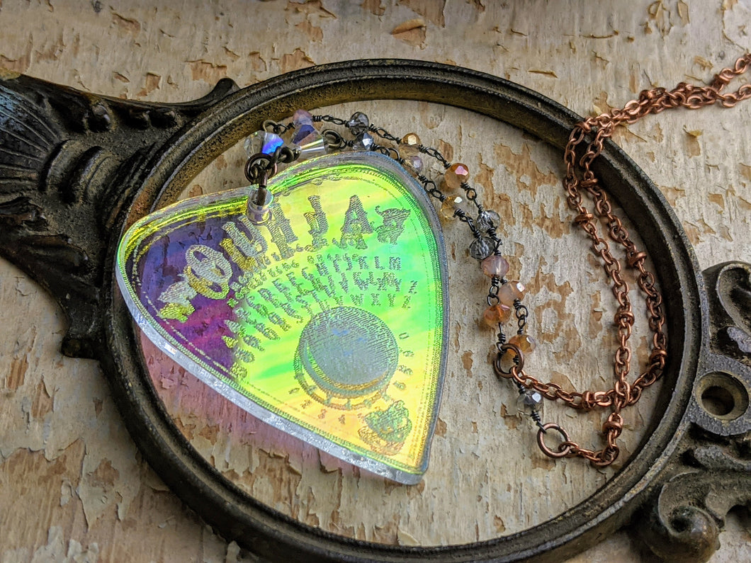 Iridescent Ouija Planchette Necklace- Iridescent Beads