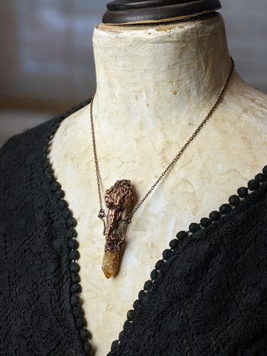 Morel Mushroom Electroformed Necklace with Sunset Spirit Quartz