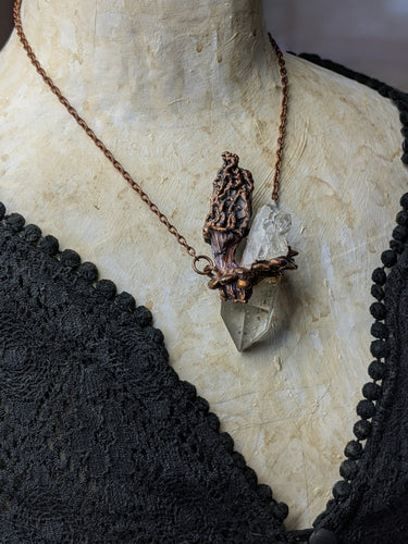 Morel Mushroom Electroformed Necklace with Quartz and Shelf Mushrooms