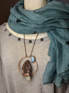 Morel Mushroom Electroformed Necklace with Druzy Quartz Point and Labradorite Moon