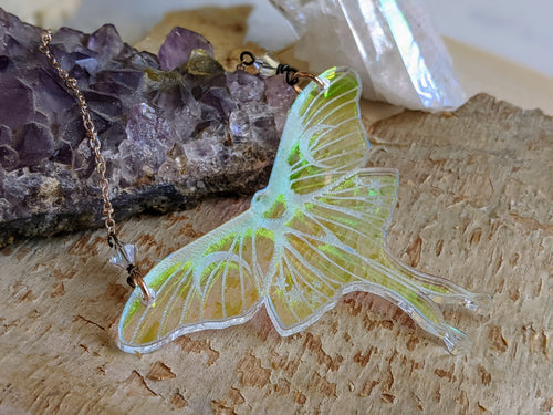 Iridescent Luna Moth Necklace with Crystal Bicones