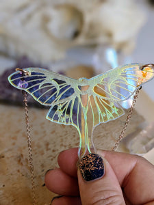 Iridescent Luna Moth Necklace with Crystal Bicones