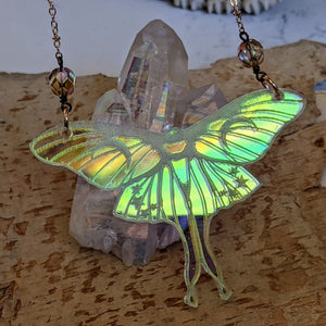Iridescent Luna Moth Necklace with Iridescent Faceted Beads