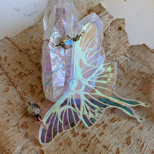 Iridescent Luna Moth Necklace with Iridescent Chandelier Beads