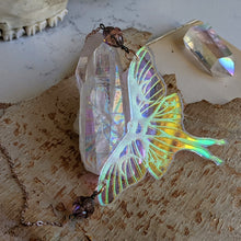 Load image into Gallery viewer, Iridescent Luna Moth Necklace with Iridescent Czech Glass Saturn Beads