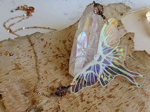 Iridescent Luna Moth Necklace with Iridescent Czech Glass Saturn Beads