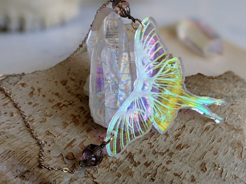 Iridescent Luna Moth Necklace with Iridescent Czech Glass Saturn Beads