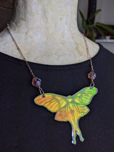 Load image into Gallery viewer, Iridescent Luna Moth Necklace with Iridescent Faceted Beads