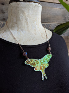 Iridescent Luna Moth Necklace with Iridescent Faceted Beads
