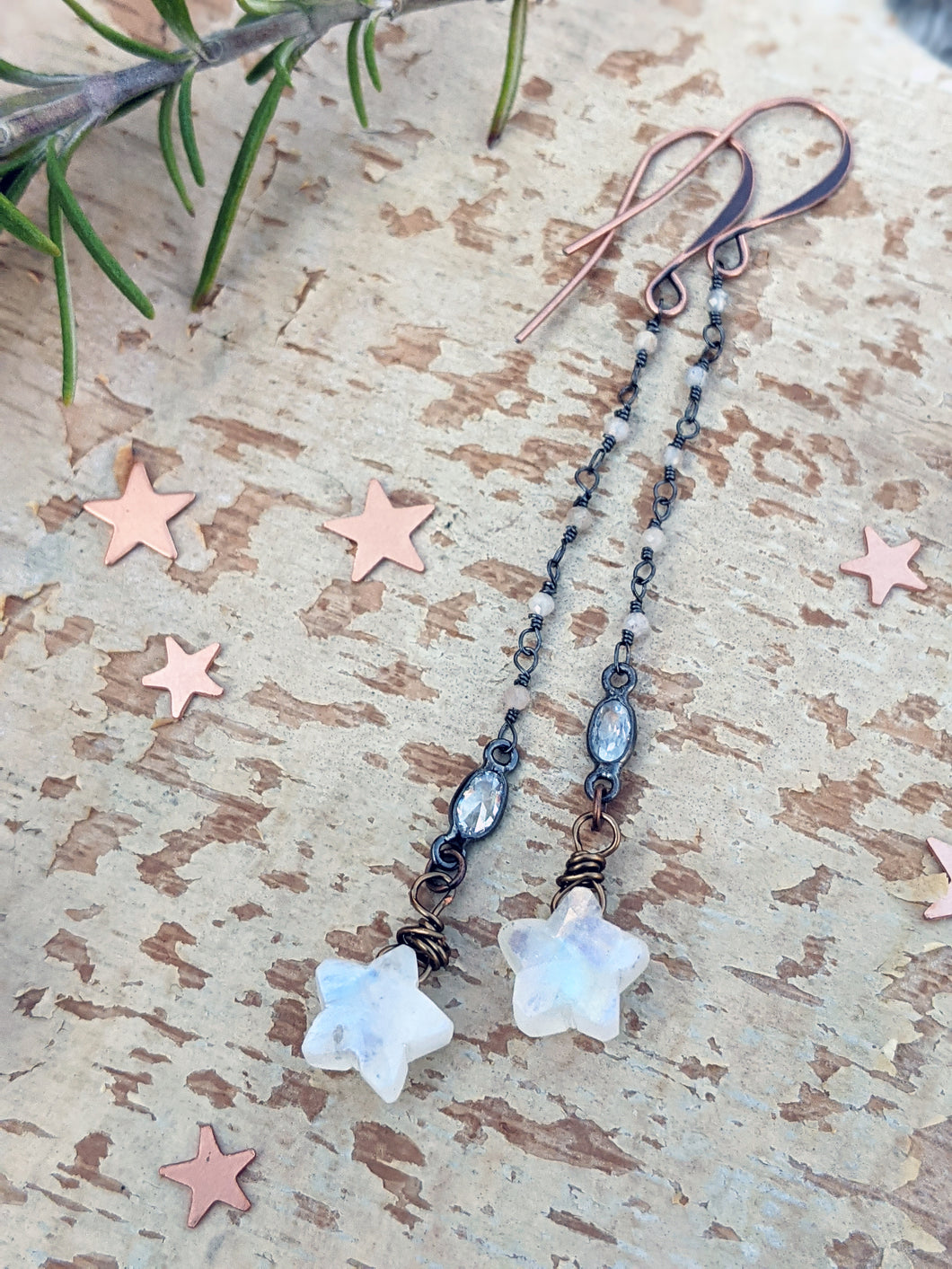 Moonstone Star Dangle Earrings - Style 3