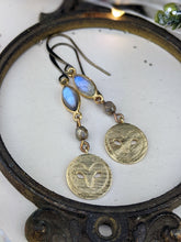 Load image into Gallery viewer, Labradorite and Brass Owls Earrings