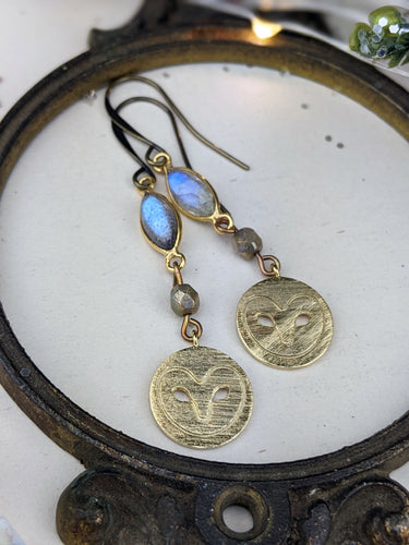 Labradorite and Brass Owls Earrings