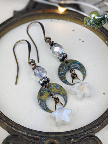 Moonstone Star and Verdigris Moon Earrings