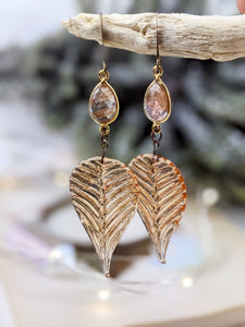 Pressed Glass Leaves with Golden Rutilated Quartz Earrings