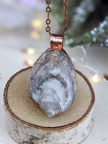 Copper Electroformed Agatized Druzy Fossilized Shell Necklace 1