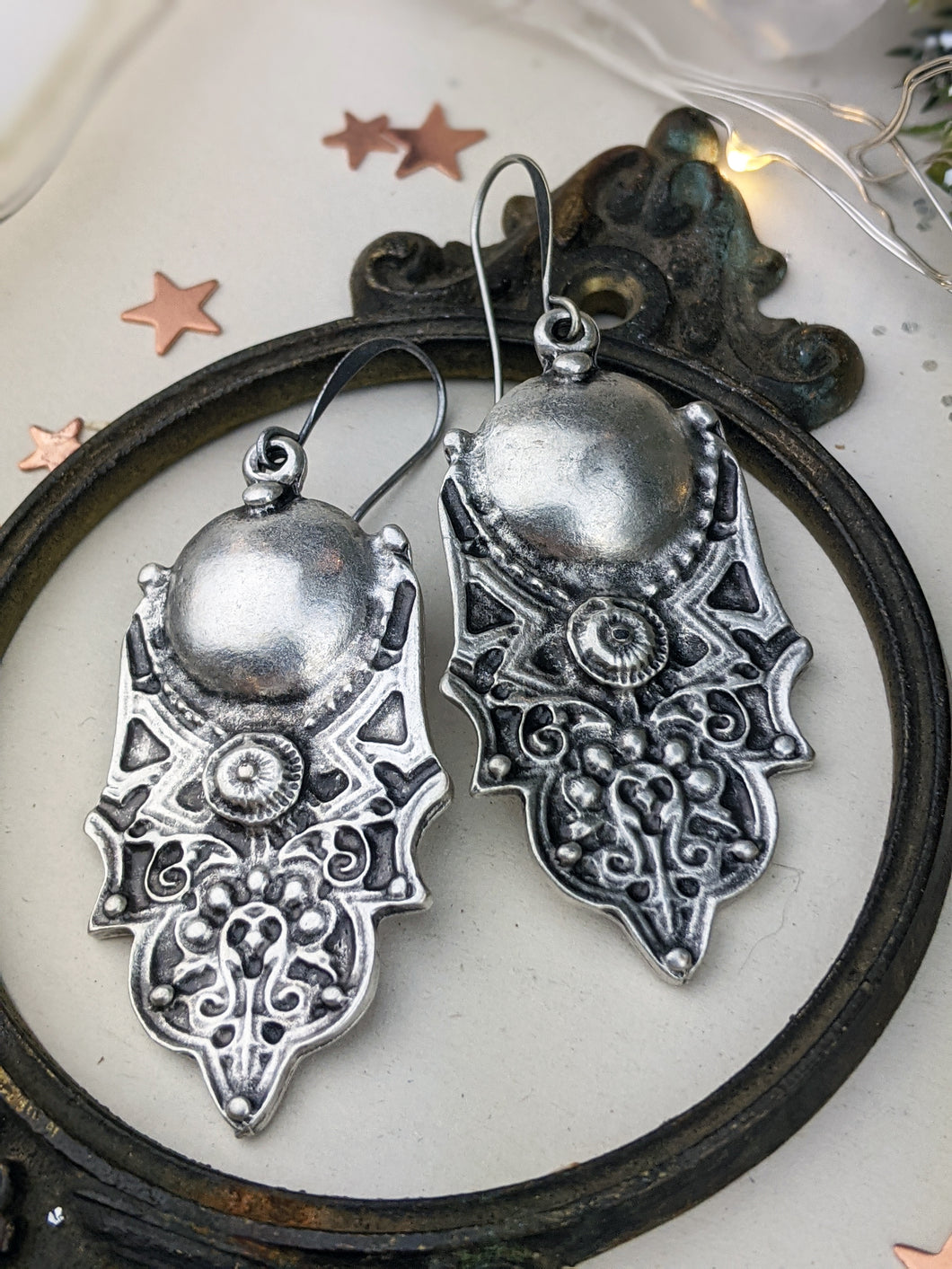 Antiqued Silver Plated Earrings - Domes and Dots