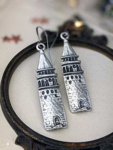 Antiqued Silver Plated Earrings - Towers