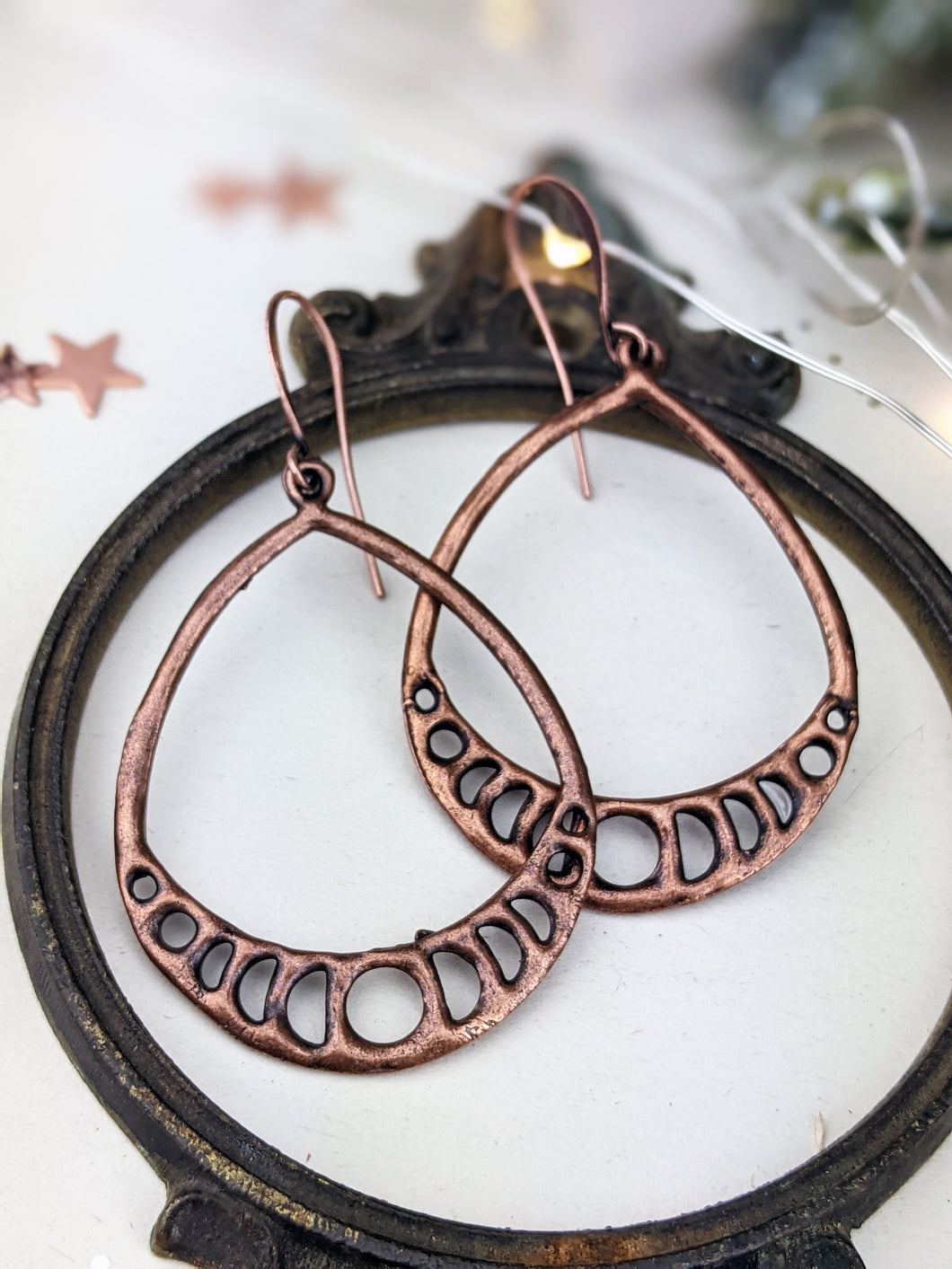 Antiqued Copper Plated Earrings - Moon Phase Teardrops