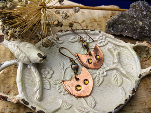 Peridot Cat Eye Copper Electroformed Earrings 1