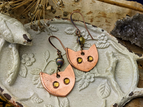 Peridot Cat Eye Copper Electroformed Earrings 1