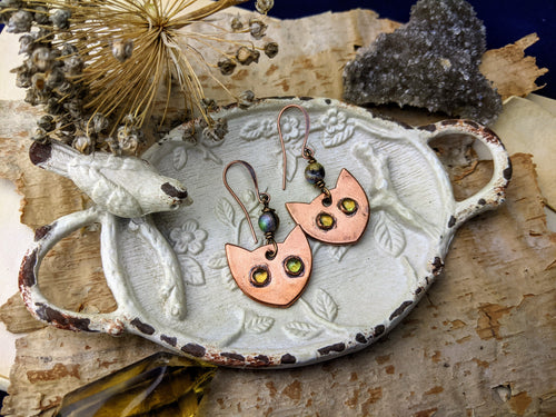 Peridot Cat Eye Copper Electroformed Earrings 2