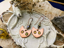 Load image into Gallery viewer, Peridot Cat Eye Copper Electroformed Earrings 2