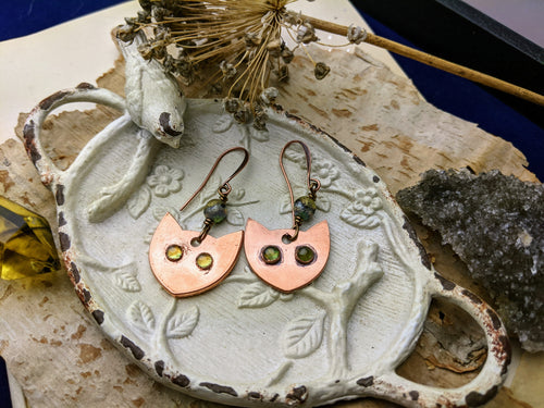 Peridot Cat Eye Copper Electroformed Earrings 3