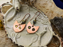 Load image into Gallery viewer, Peridot Cat Eye Copper Electroformed Earrings 3