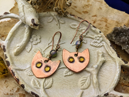 Peridot Cat Eye Copper Electroformed Earrings 4